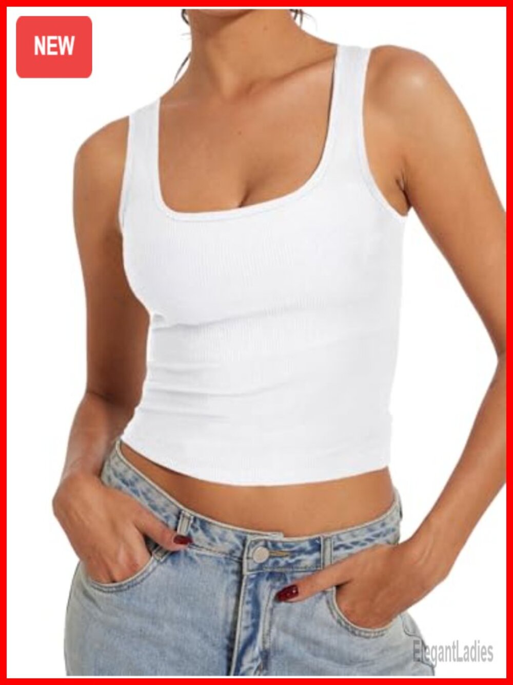 Ribbed Crop Tank Top Scoop Neck High Back Sleeveless Stretch Top